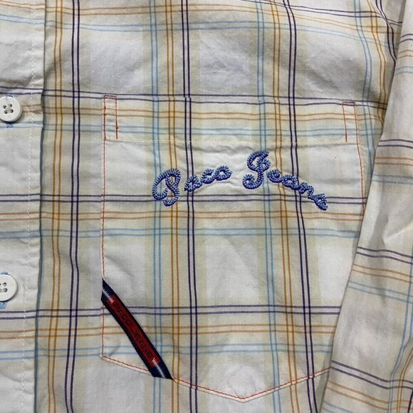 Paco Jeans Vintage Plaid Embroidered Button Down White Tan Blue Kids Size XL - Picture 2 of 11